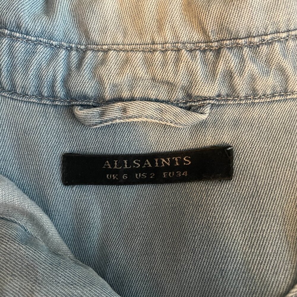 All Saints Women 2 Blue Denim Chambray Calla Bay Shirt Dress Snaps Tie Waist - Picture 7 of 8